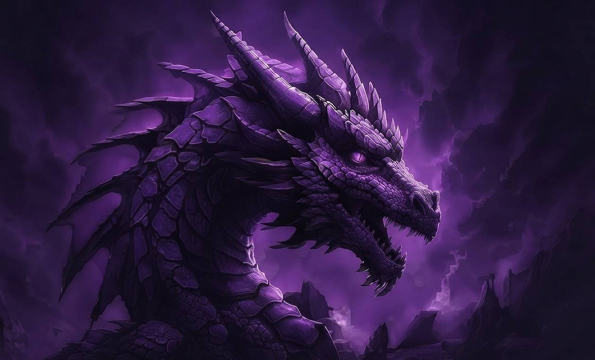 Detailed purple dragon with horns and wings in a dark fantasy landscape