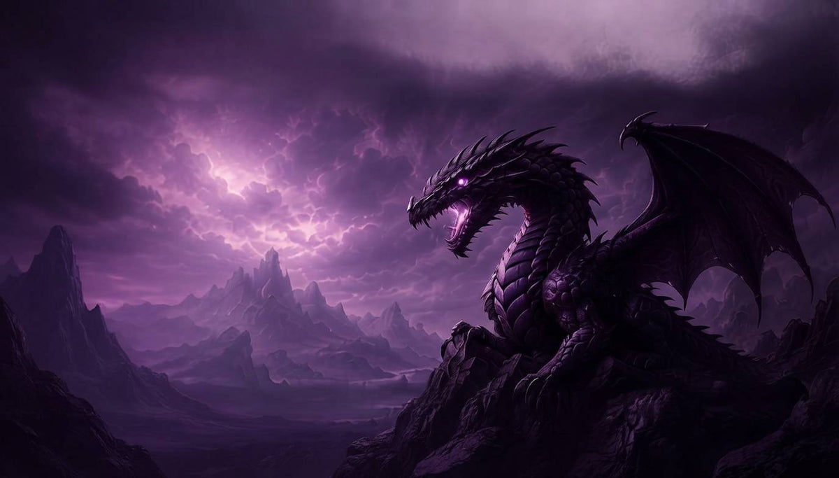 Dark purple dragon overlooking a misty fantasy valley beneath a glowing stormy sky
