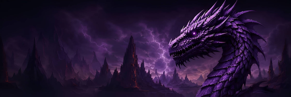 Large purple dragon in a dramatic fantasy landscape beneath a lightning-filled sky