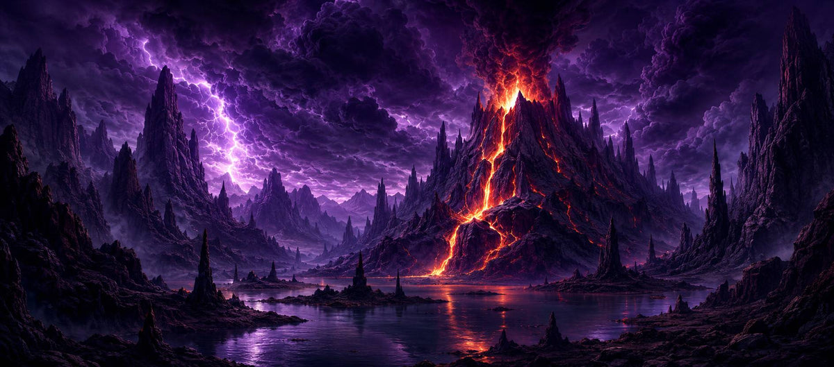 Fantasy volcanic landscape with glowing lava, purple mountains, and dramatic lightning