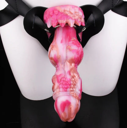 Dragon Dildo Blaze - big realistic vibrating dragon dildo - Harness Attached Front View