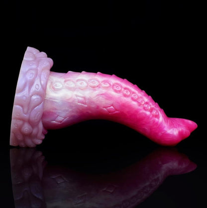 Blush Dragon Dildo Pink - curved fantasy silicone dragon dildo - Flat Lay Tip Right