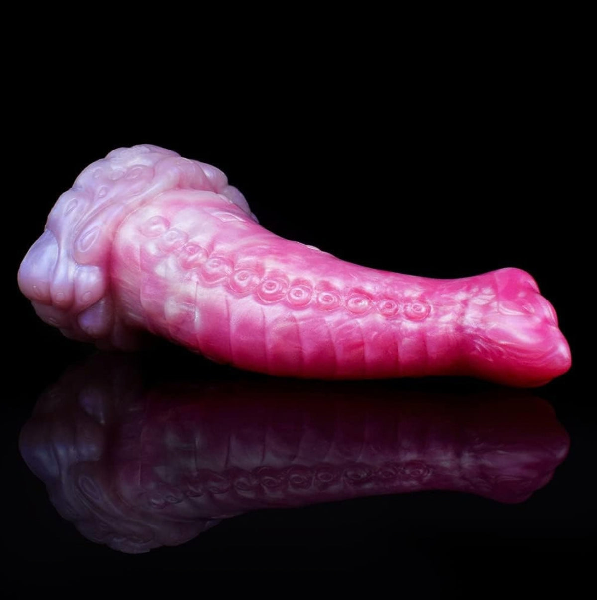 Blush Dragon Dildo Pink - curved fantasy silicone dragon dildo - Flat Lay Base Left