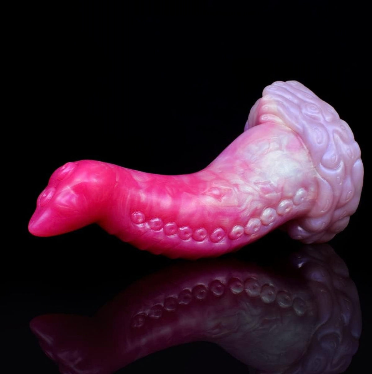 Blush Dragon Dildo Pink - curved fantasy silicone dragon dildo - Flat Lay Base Right