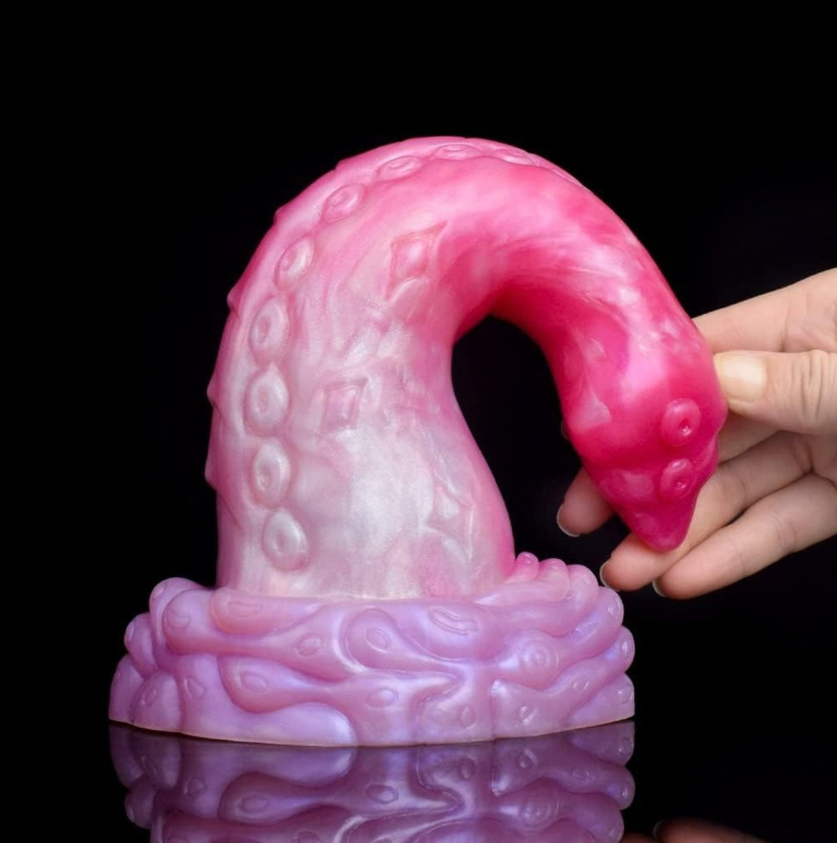 Blush Dragon Dildo Pink - curved fantasy silicone dragon dildo - Held In Hand Tip Down