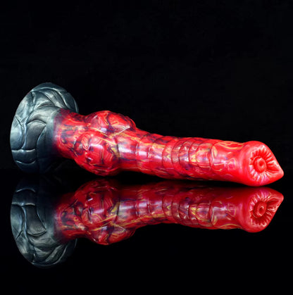 Phoenix Dragon Dildo Red - fiery curved fantasy dragon dildo - Flat Lay Base Left Tip Right