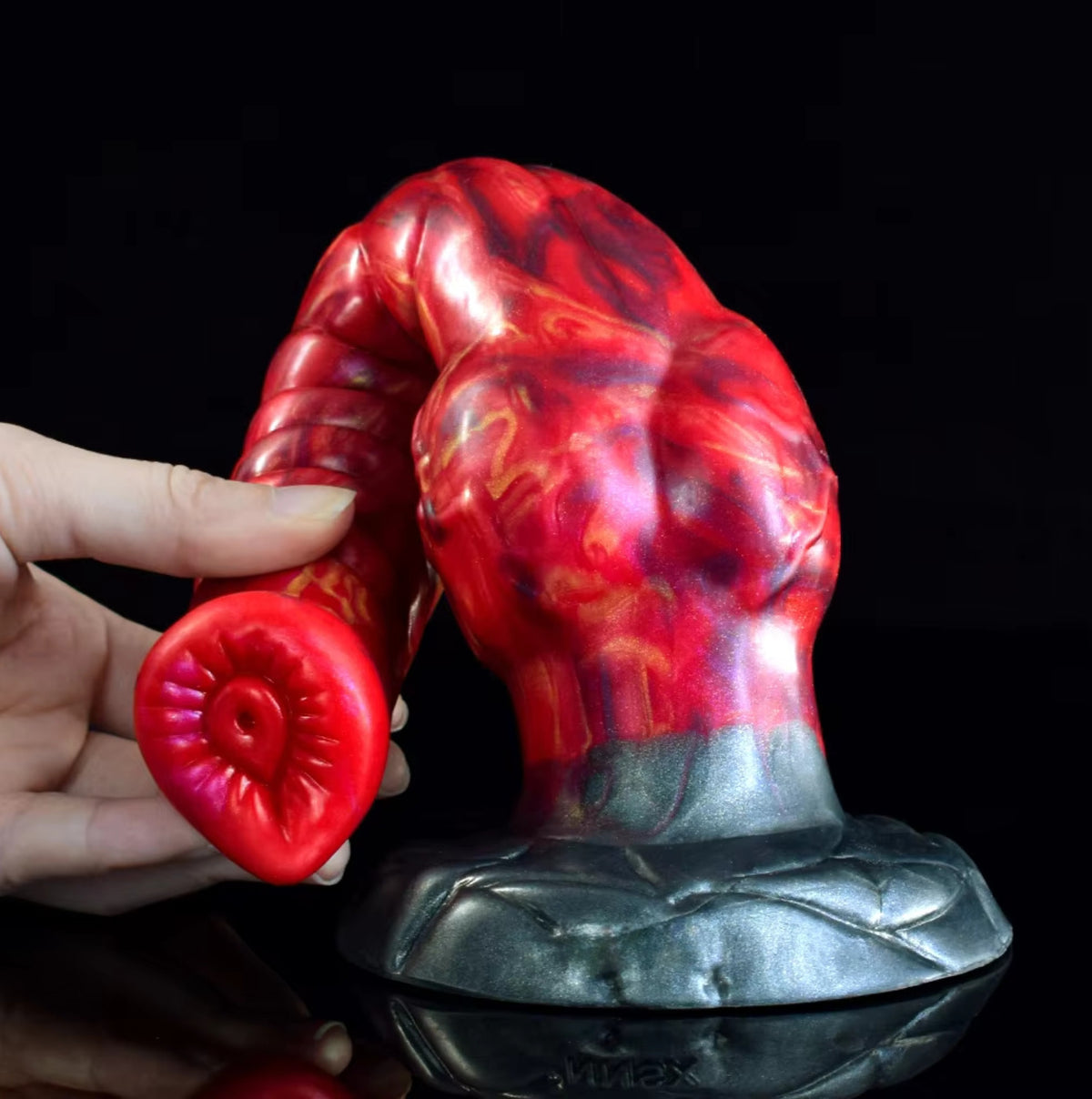 Phoenix Dragon Dildo Red - fiery curved fantasy dragon dildo - Base Detail In Hand