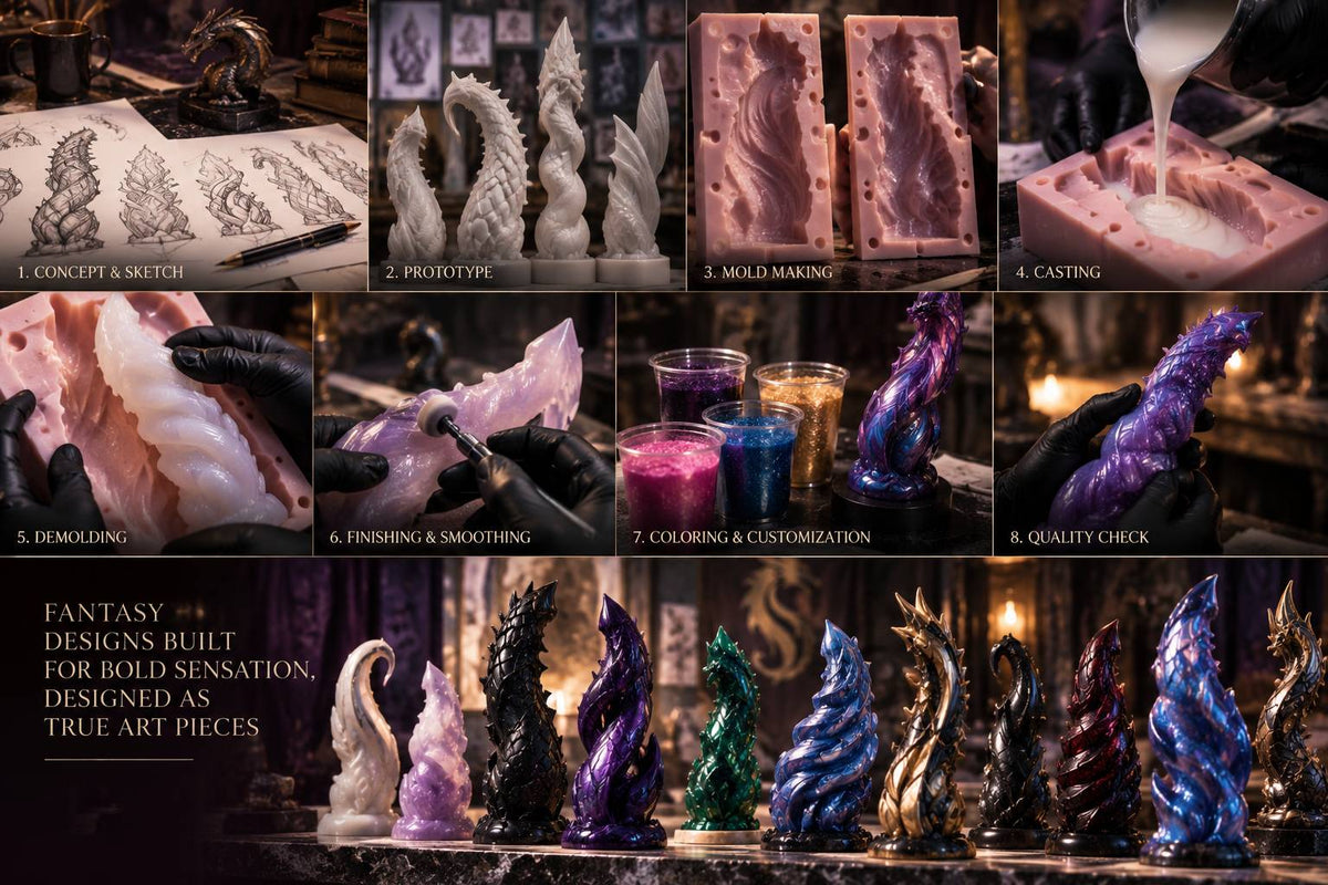Close-up of textured dragon scale detailing on a fantasy silicone dildo