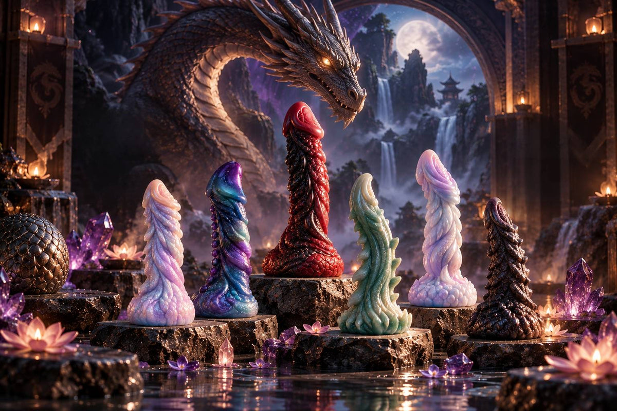 Dragon-style fantasy dildo displayed in a mystical treasure cave setting