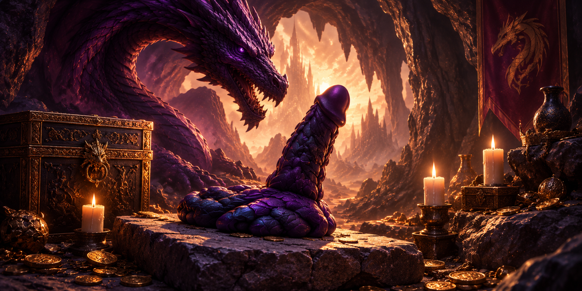 Purple fantasy sculpture with dragon-inspired texture displayed in a mystical cave with a large dragon in the background