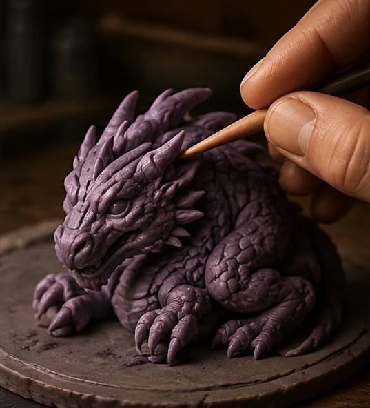 Artist hand sculpting a detailed purple dragon figurine with a fine brush