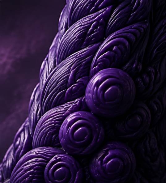 Close-up of intricate spiral and braided textures on a purple fantasy sculpture