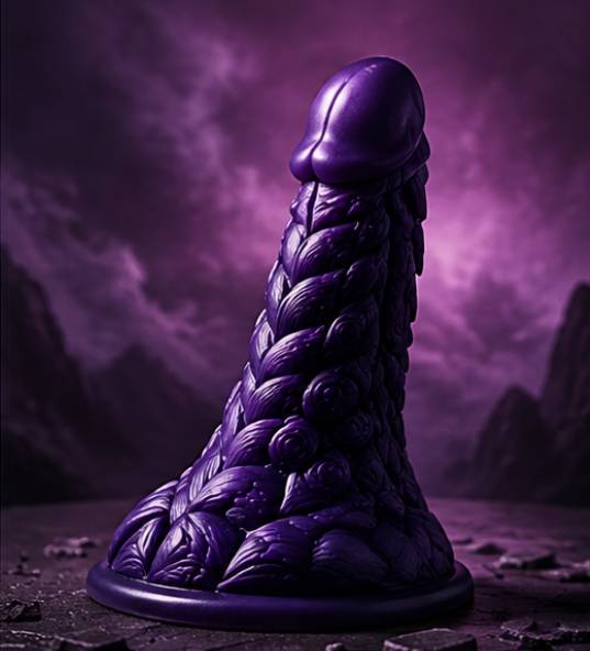 Purple fantasy sculpture with intricate braided textures against a mystical purple landscape